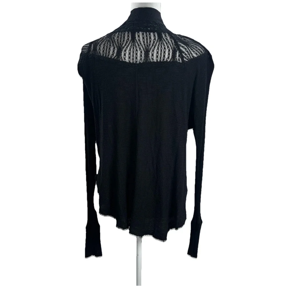 Free People Black Waffle‎ Knit Slouchy Top Long Sleeve Lace Raw Hem Sz SM Goth